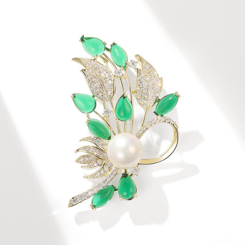 Elegant Green Zircon Leaf Brooch with Chalcedony  Freshwater Pearls