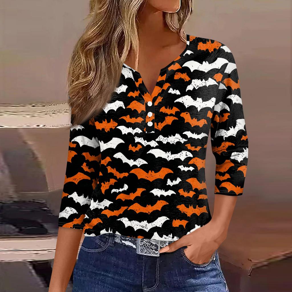 Damen V-Ausschnitt Knopf Halloween Dreiviertelarm T-Shirt Top