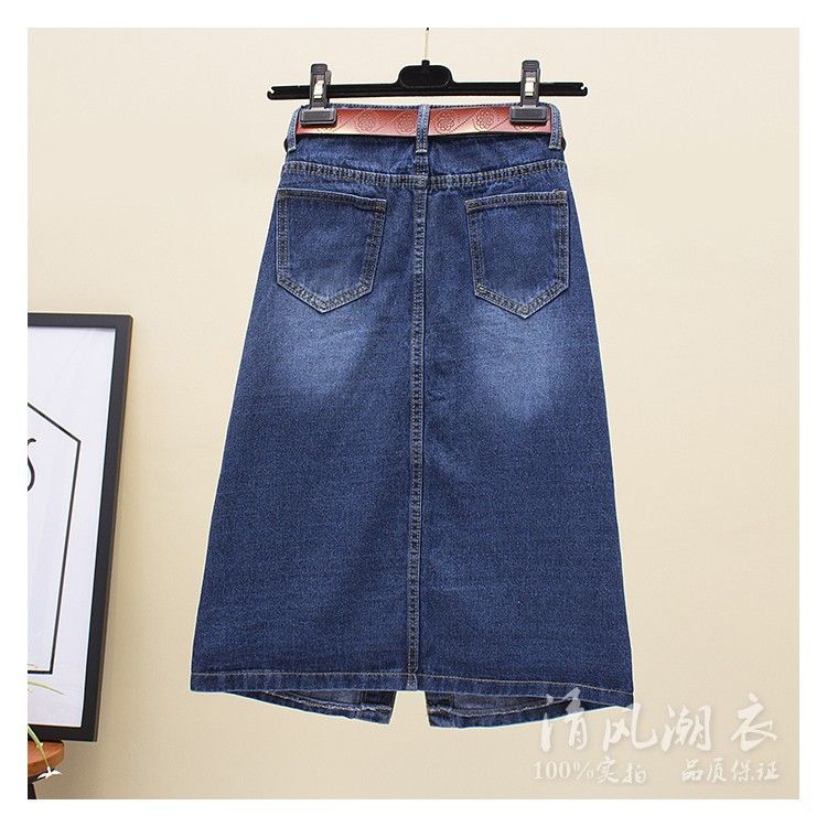 Women's Spring One Row Buckle Split Hip Wrap A-line Skirt Autumn High Waist Slimming Mid Length Half Body Cowboy Skirt