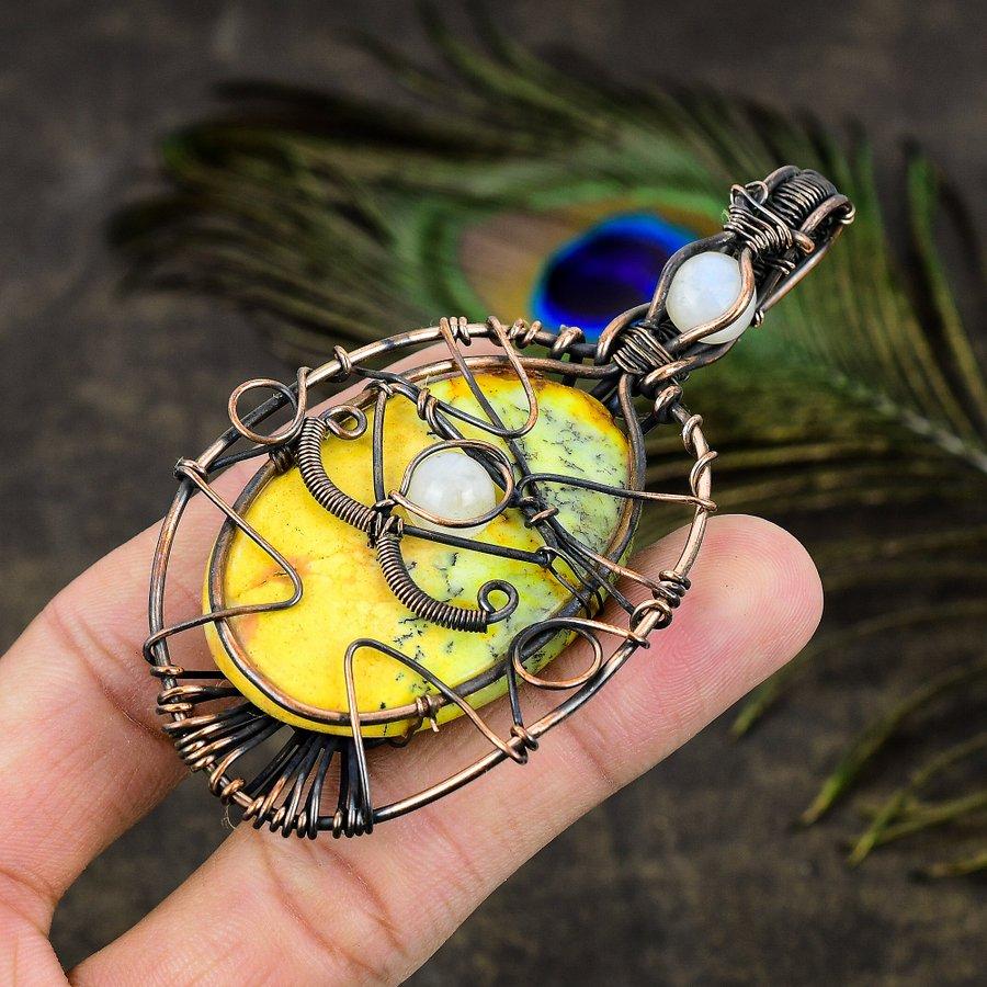 Yellow Dendritic, Moonstone Copper Wire Wrap Jewelry Pendant 3.55" L4U26