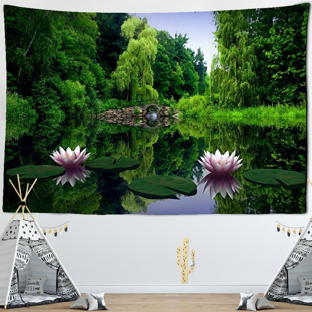 Wandteppich mit grünen Bergen und grünem Wasser, zum Aufhängen, böhmische Naturlandschaft, bunte Tischmatte, Wohnzimmer-Dekoration