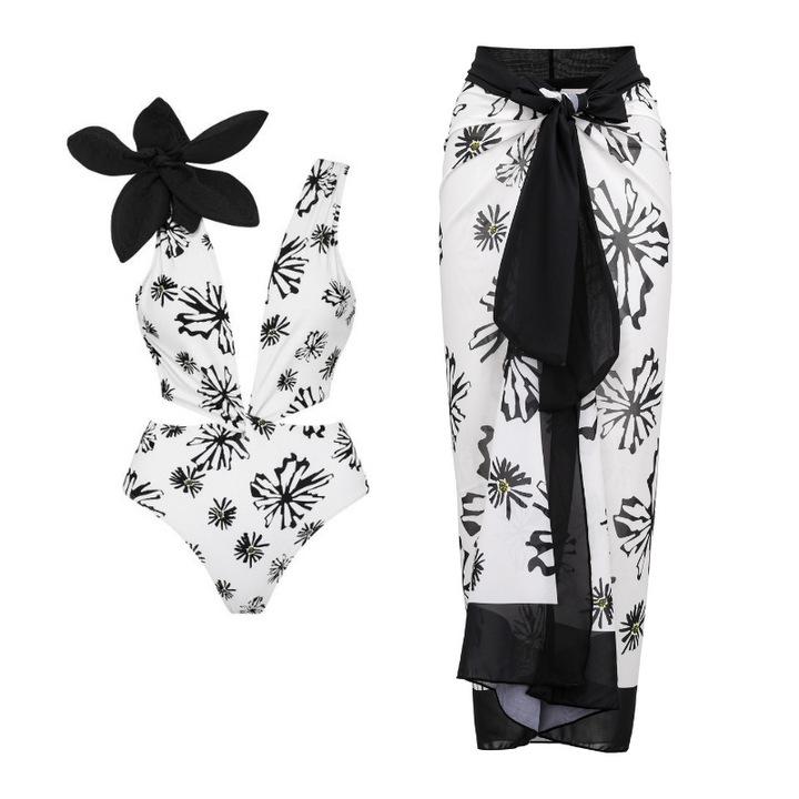 1011 Europäisches und amerikanisches neues Bikini-Blumen-Dekorationsdruck-Split-Badeanzug- und Wickelrock-Set 1111