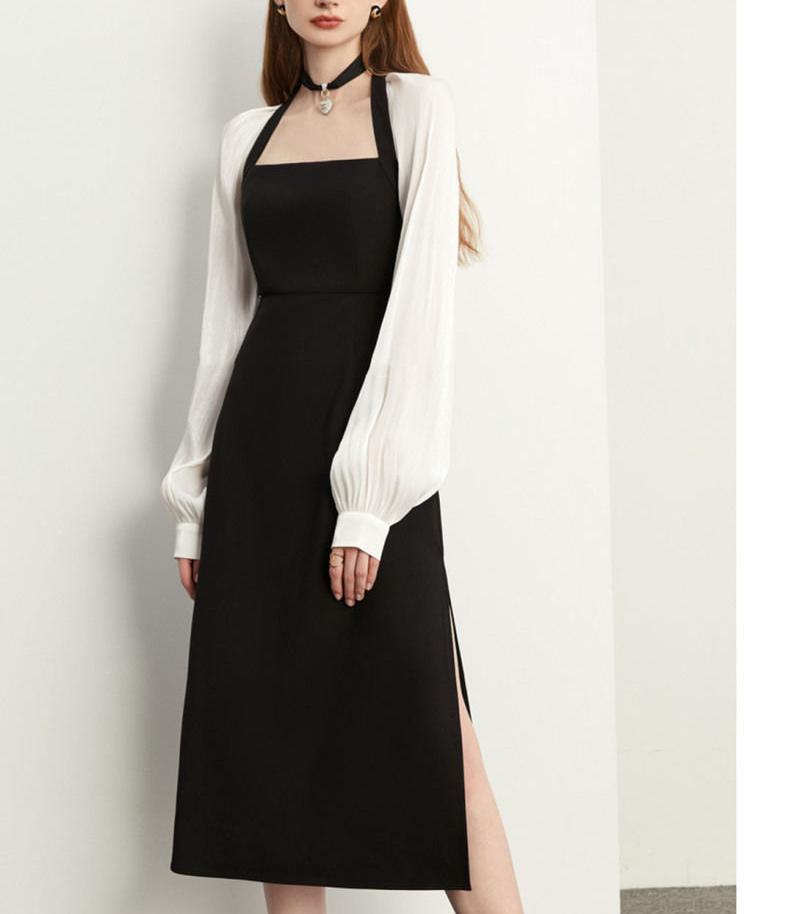 Weißes Kleid mit Laternenärmeln für Damen, Frühling, Vintage, schwarz, Büro, lange Kleider, koreanische Kleidung