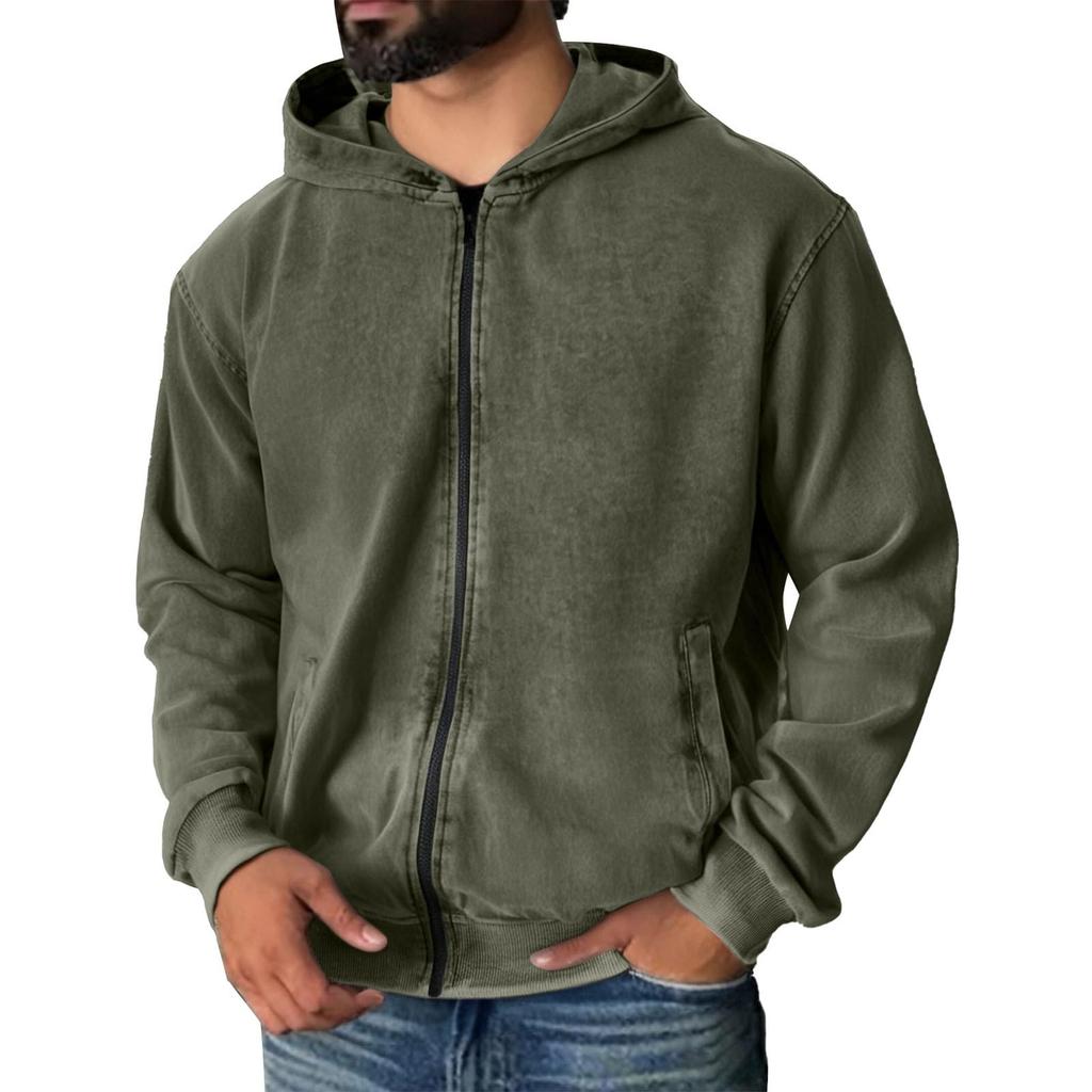 Men's Vintage Zipper Hooded Jacket With Pockets Long Sleeve Solid Color