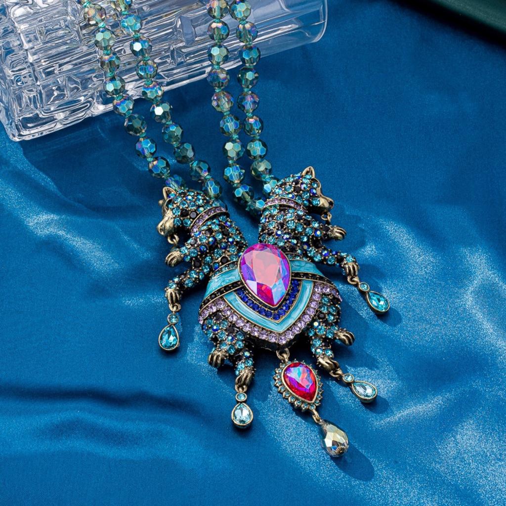 European and American Fashion Trend Vintage Heavy Industry Glass Bead Knotted Full of Diamonds Double Leopard Necklace