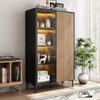 Meuble d'exposition moderne vintage 90, avec 2 portes (1 Verre), Panneau MDF, Buffet, Bois Noir Contrastant, Salon Chambre Couloir Salle à Manger, 90×40×135cm