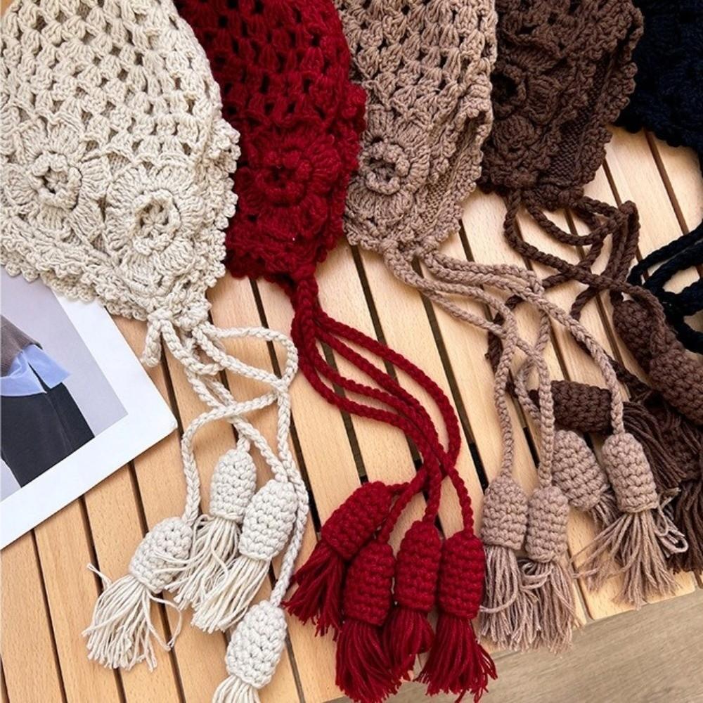 Casual Hollowed-out Flower Bonnet Hat Hand Woven Long Tassel Knitted Ear Protection Hat Windproof Pullover Hat
