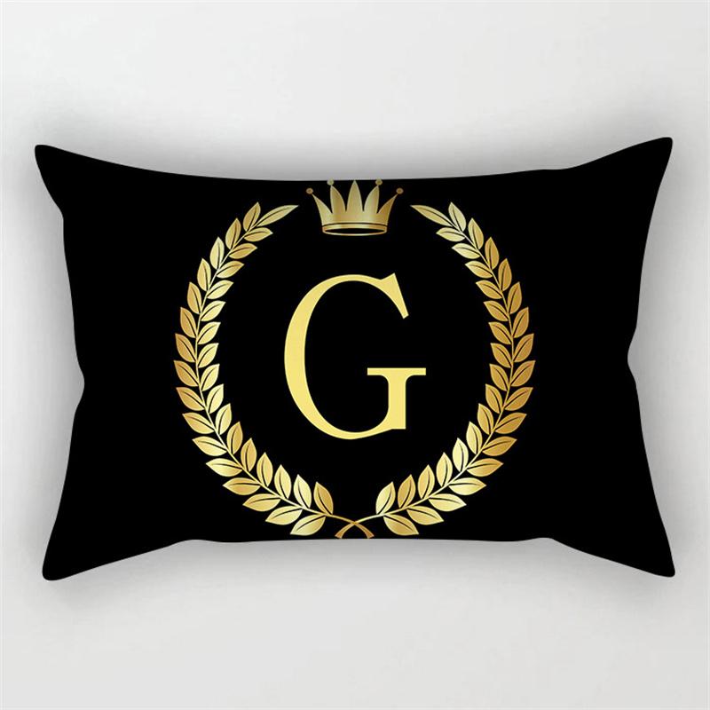 Gold Color Letter Cushion Cover 30x50cm Rectangle Pillow Case Crown Leaves Plant Polyester Black Sofa Pillow Cover Home Decor