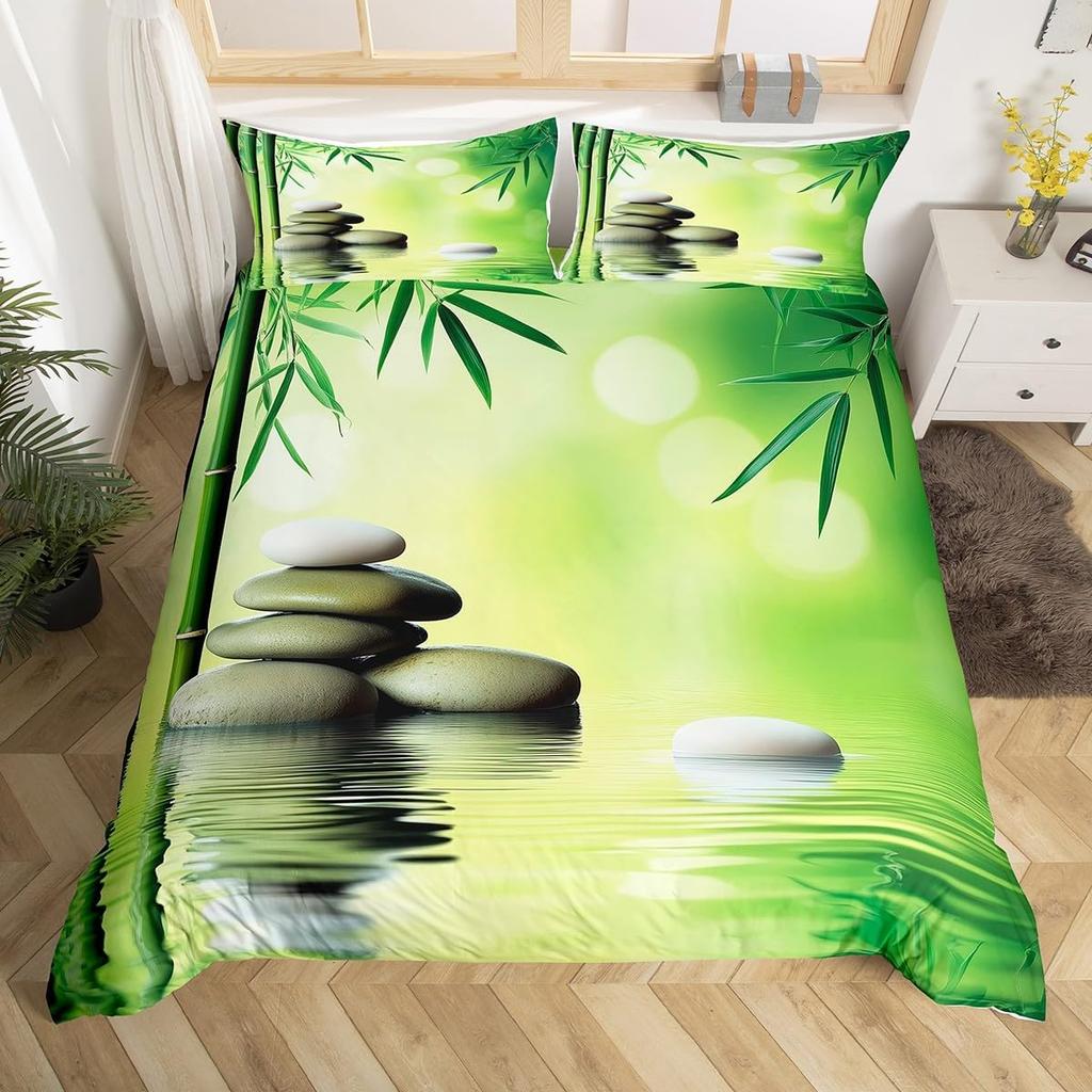 Zen Stones Duvet Cover Green Bamboo Fountain Bedding Set,Twin King,Spa Still Life Comforter Cover Natural Meditation Quilt Cover