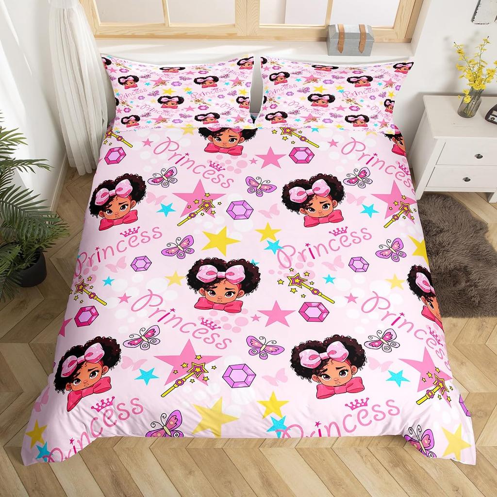 Cartoon Girl Pink Princess Duvet Cover Kawaii Castle Carriage Bedding Set,Ballet Dancer Comforter Cover Star Flower Quilt Cover