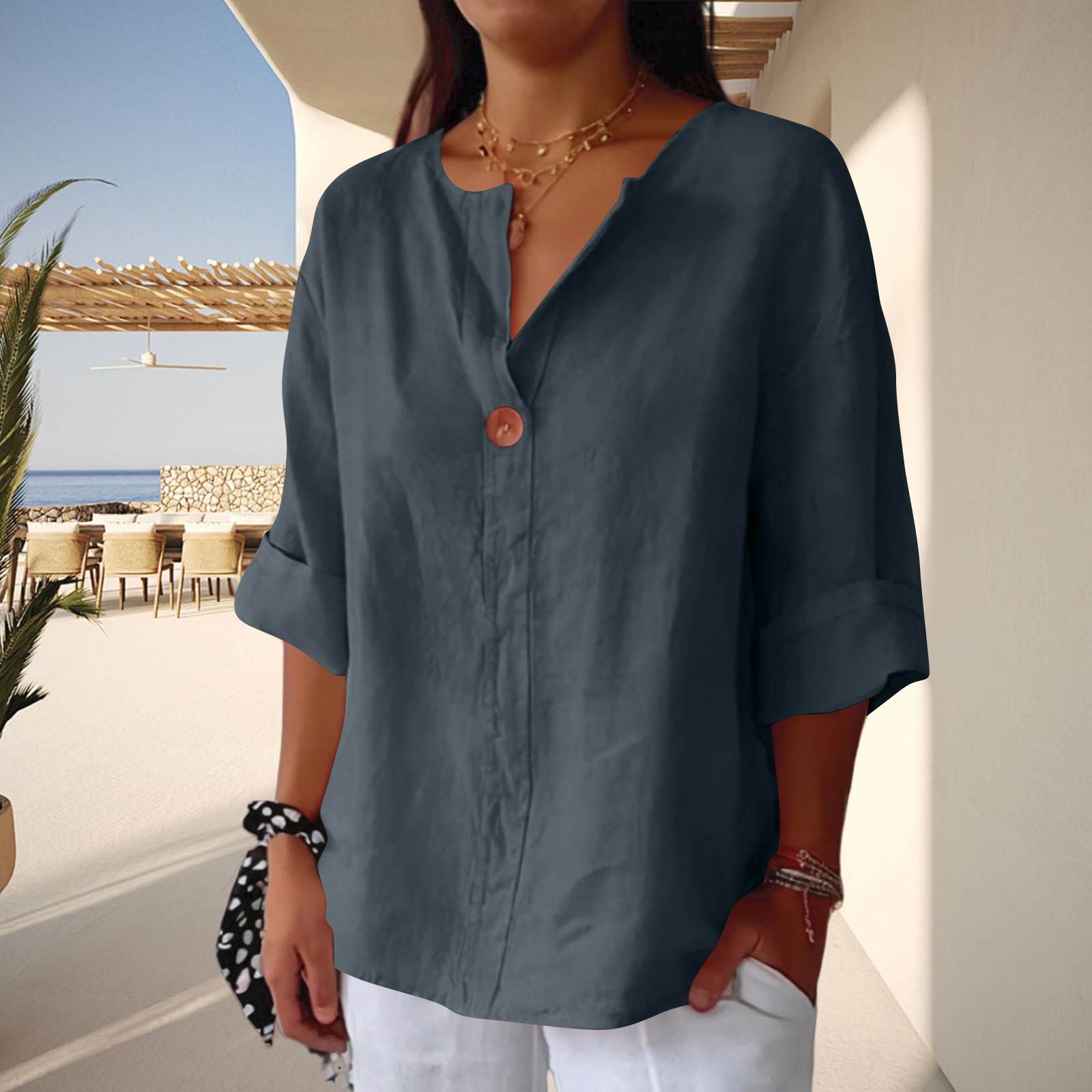 

Women’s Loose Fit Linen Blouse Half Sleeve Button Front Casual Lightweight Tunic Top Comfortable Relaxed Fit Shirt L