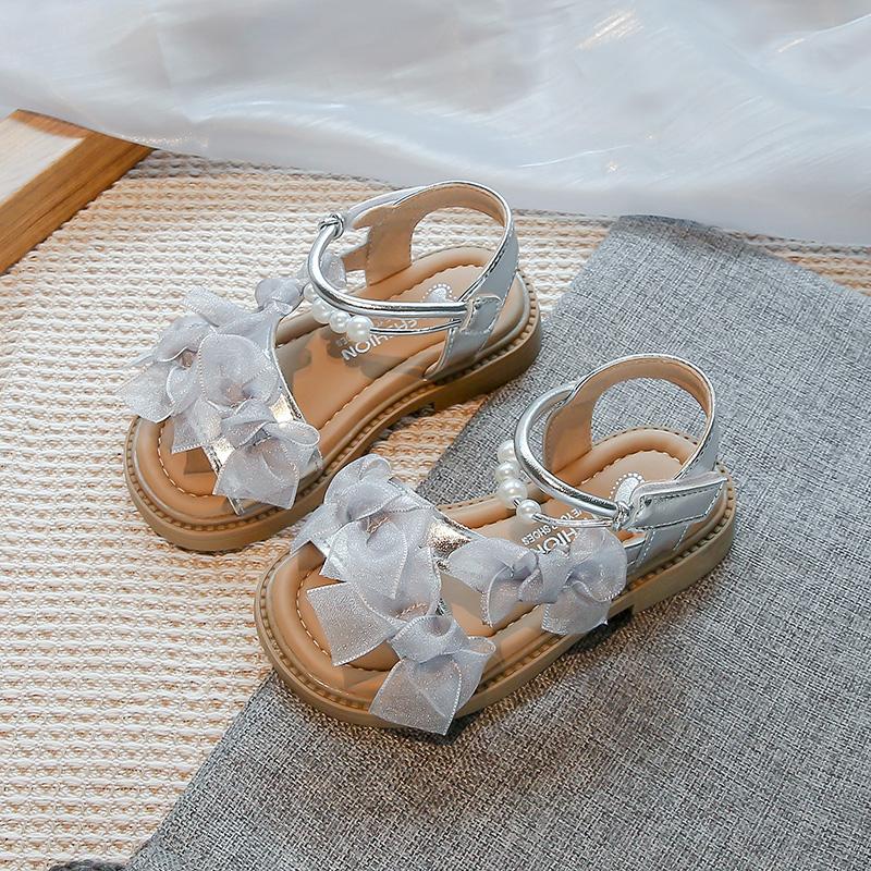 

Kids Beach Shoes Open Toes Sweet Lace Girls Sandals Pu Leather 2025 Summer New Children Princess Shoes Soild Color Elegant Cute 22 серебряный