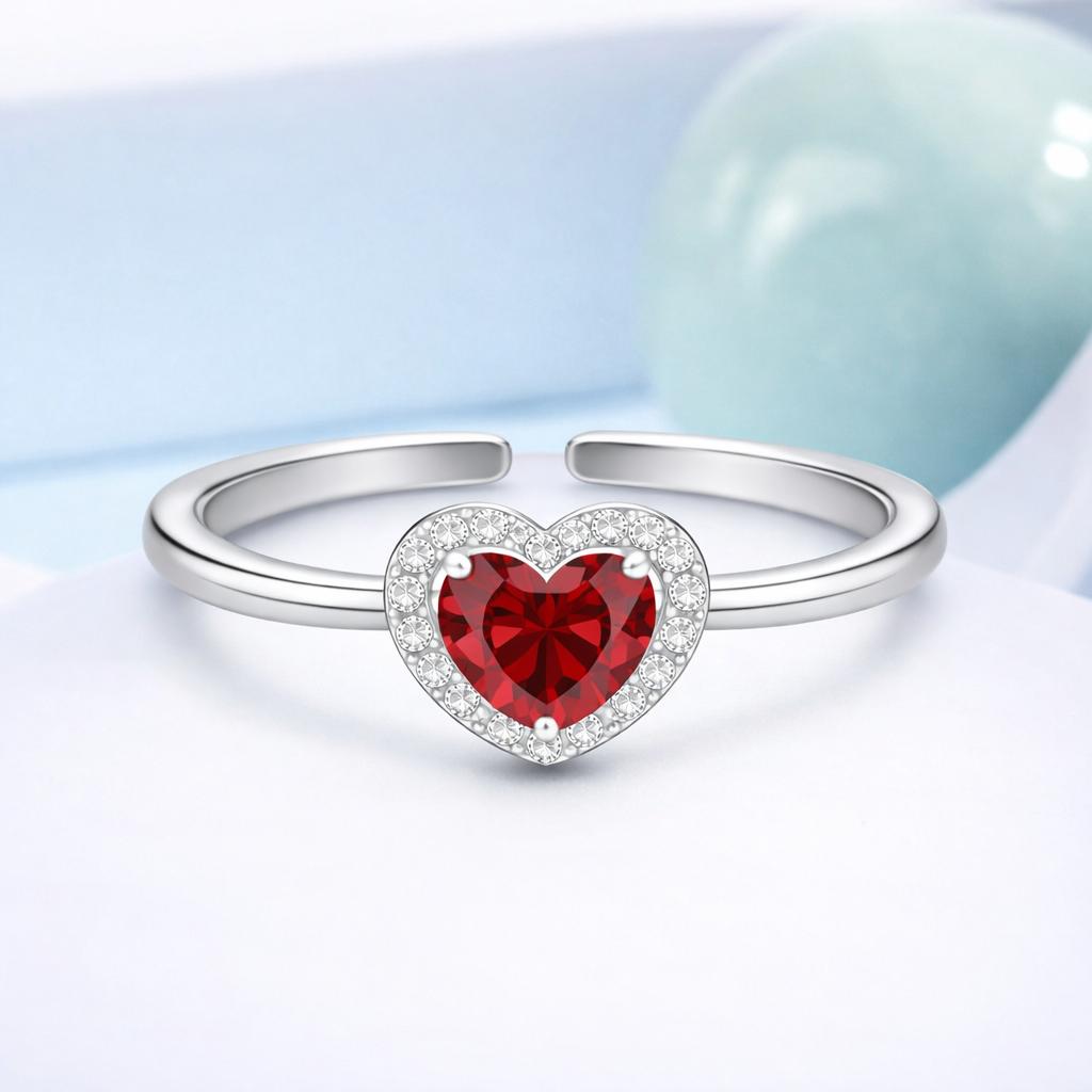 Red CZ Heart Halo Open Adjustable Ring –925 Sterling Silver