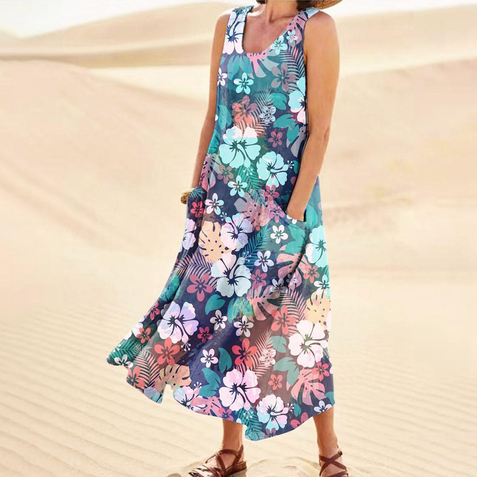 

(Бризанд) Модное летнее повседневное удобное хлопковое платье без рукавов с цветочным принтом и карманным пляжным платьем для женщин XXXXXL