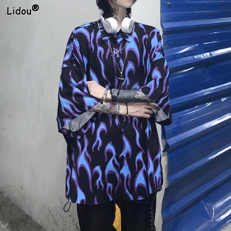 

Мужская одежда 2023 года Красивый отложной воротник Свободный принт На пуговицах Мужская Футболка с коротким рукавом Тонкая Весенне-летняя Уличная одежда Повседневные рубашки S синий