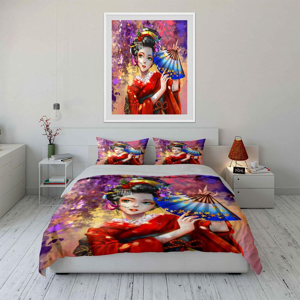 3Pcs Watercolor Kimono Girl Bedding Set, Elegant Geisha with Cherry Blossoms Print Duvet Cover, Oriental Style