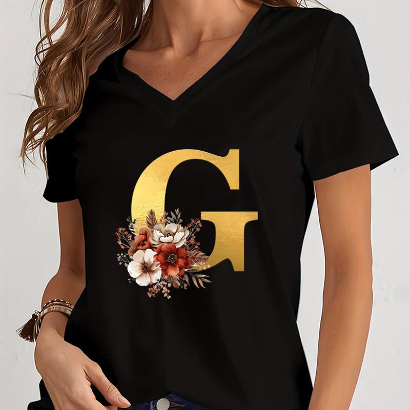 Vintage Flower Alphabet Graphic T Shirts Women Alphabet Rose Gold Essential Women Clothing Gift for Alphabet Floral Lover Tshirt