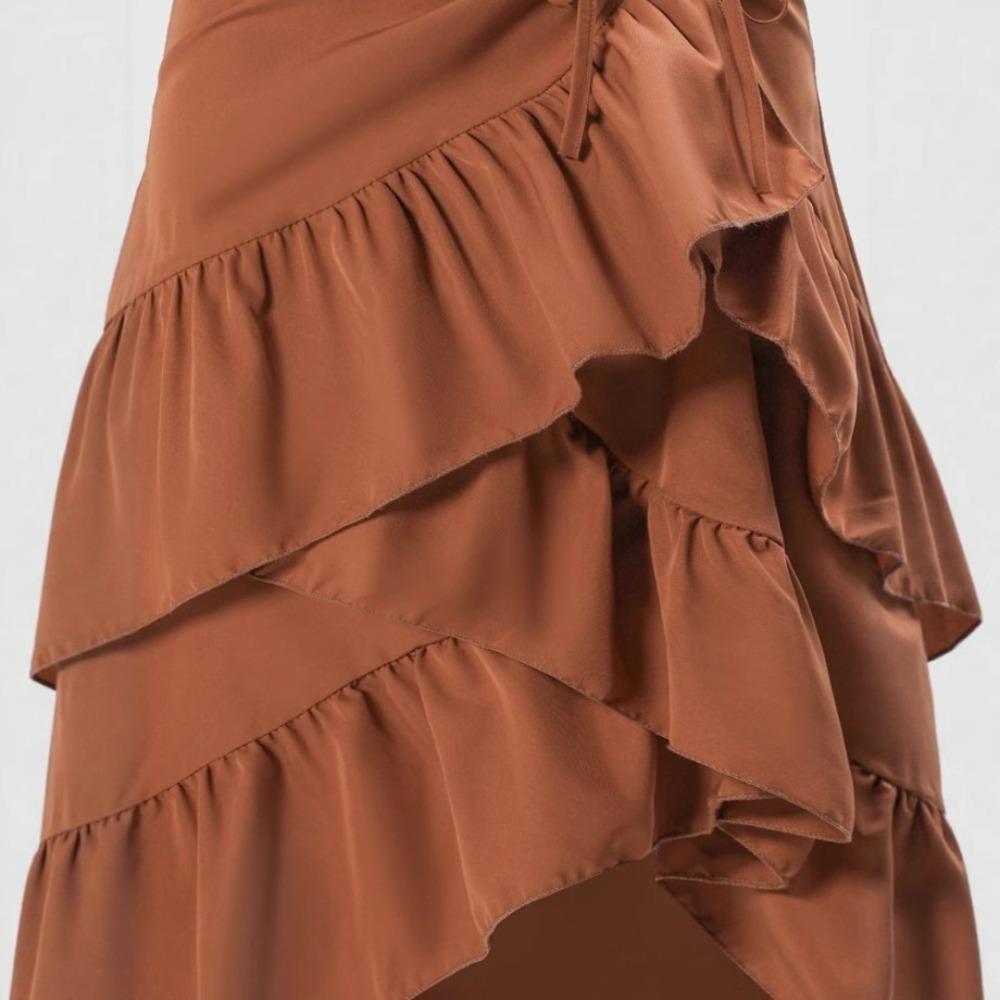 Gonna midi da donna a vita alta, vestibilità regolare, elegante, tinta unita, con coulisse, arricciata, con volant, orlo asimmetrico