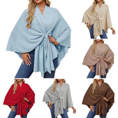 Women Shawl Coat V Neck Fall Winter Oversized Poncho Keep Warm Pure Color Windproof Open Front Shoulder Wraps with Bat Sleeves