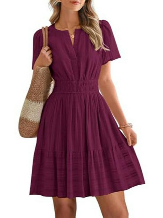 European & American V-neck Pleated Puff Sleeve Layered Dress for Women