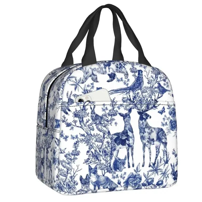 Geantă de prânz izolată cu motiv Toile De Jouy albastru marin pentru școală, birou, cutie termică, pentru femei, recipient pentru alimente, genți tote