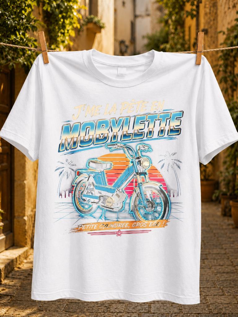 Jme La Pte En Mobylette Gros Ego Vintage Moped In A Synthwave Sunset With Palm Trees Neon Colors Unisex All Tshirt