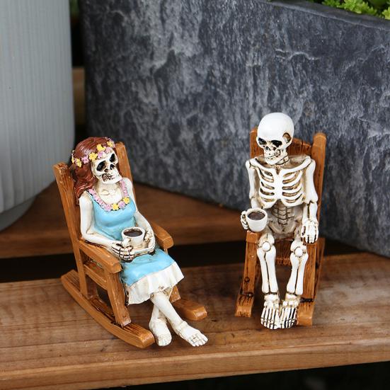 Skeleton Couple Figurine Resin Male And Female Skeleton Ornament Skeleton On Rocking
