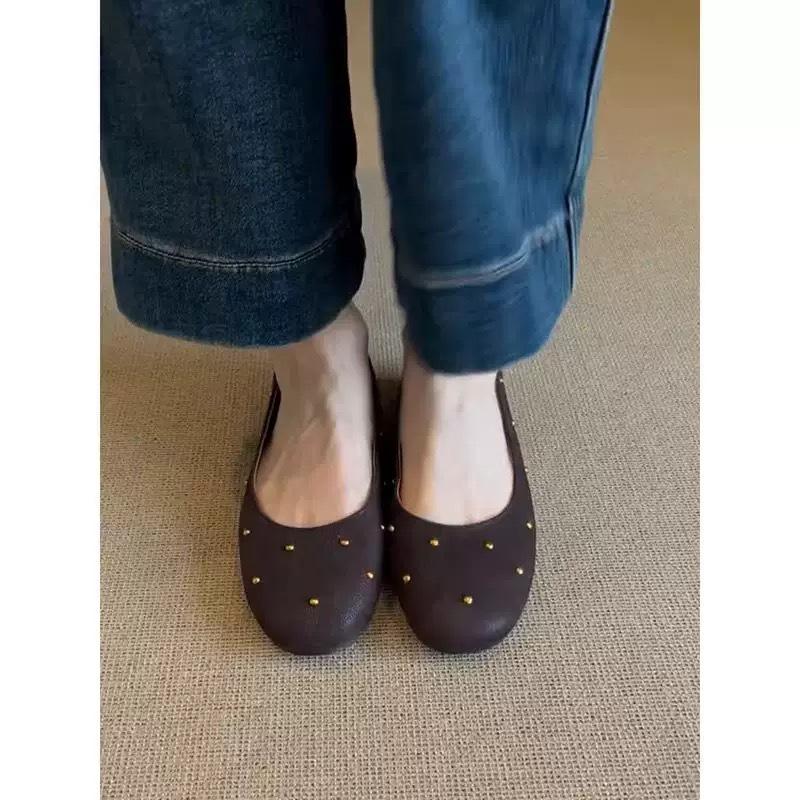 

Super soft sheepskin~ French single shoes women s flat-soled rivets black shoes soft-soled ballet evening shoes Mary Jane shoes 40