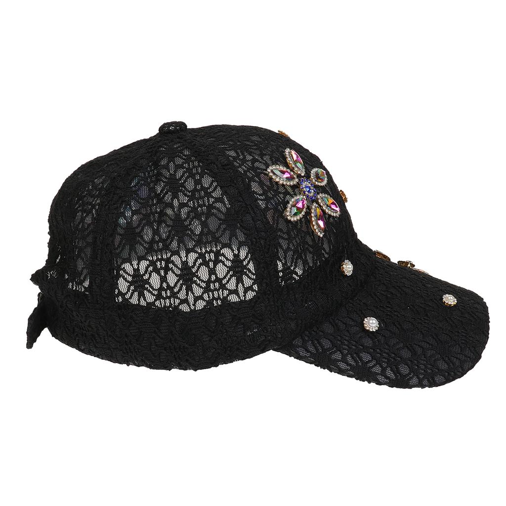 Rhinestone Pearl Flower Lace Baseball Cap, Women Breathable Mesh Adjustable Summer Sun Hat