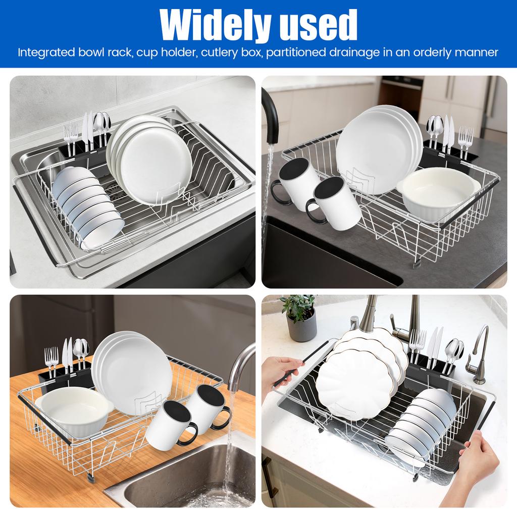 Adjustable Sink Dish Drying Rack Carbon Steel Tableware Rack with Nonslip Rubber Arm and Utensil Holder Kitchen Fruit Drainer