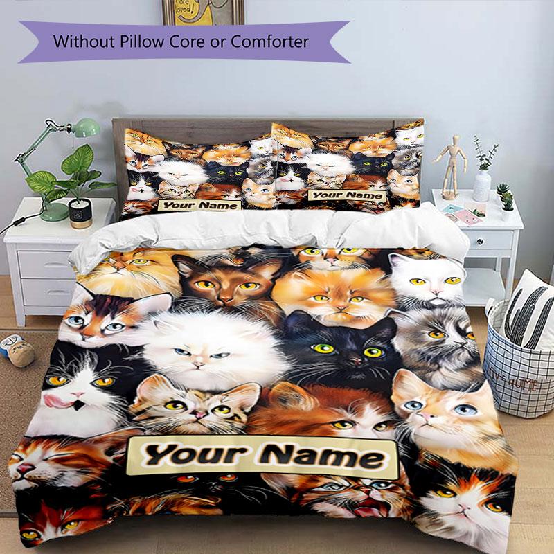 3PC Custom Name Feline Faces Collage Bedding Set Duvet Cover Closure Includes 1 Duvet Cover & 2 Pillowcases for Bedroom