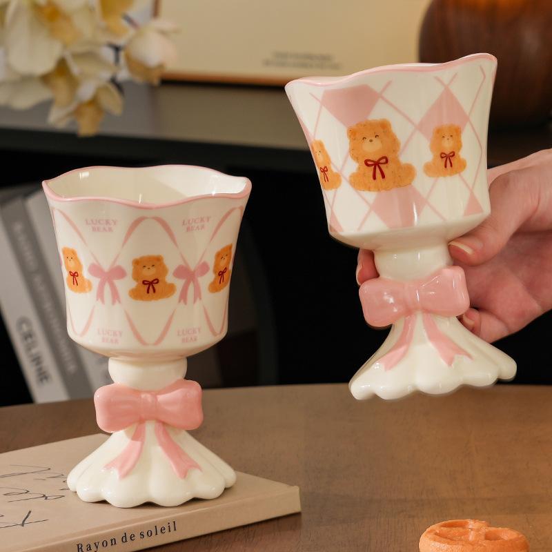 Pink Cartoon Bear Tall Ceramic Mug Ice Cream Cup Cute Wind Wine Glass Egg Gift Box Souvenir