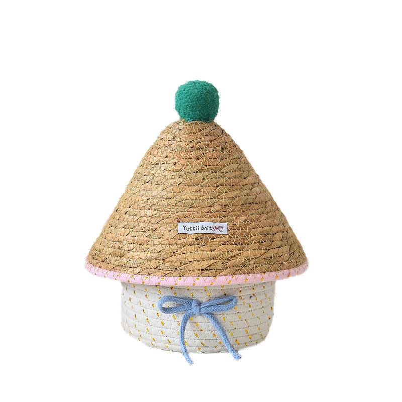 

1 шт. с крышкой Практичное плетение из травы Изящное настольное хранилище Модная коробка для хранения с бантом Хлопковая нить