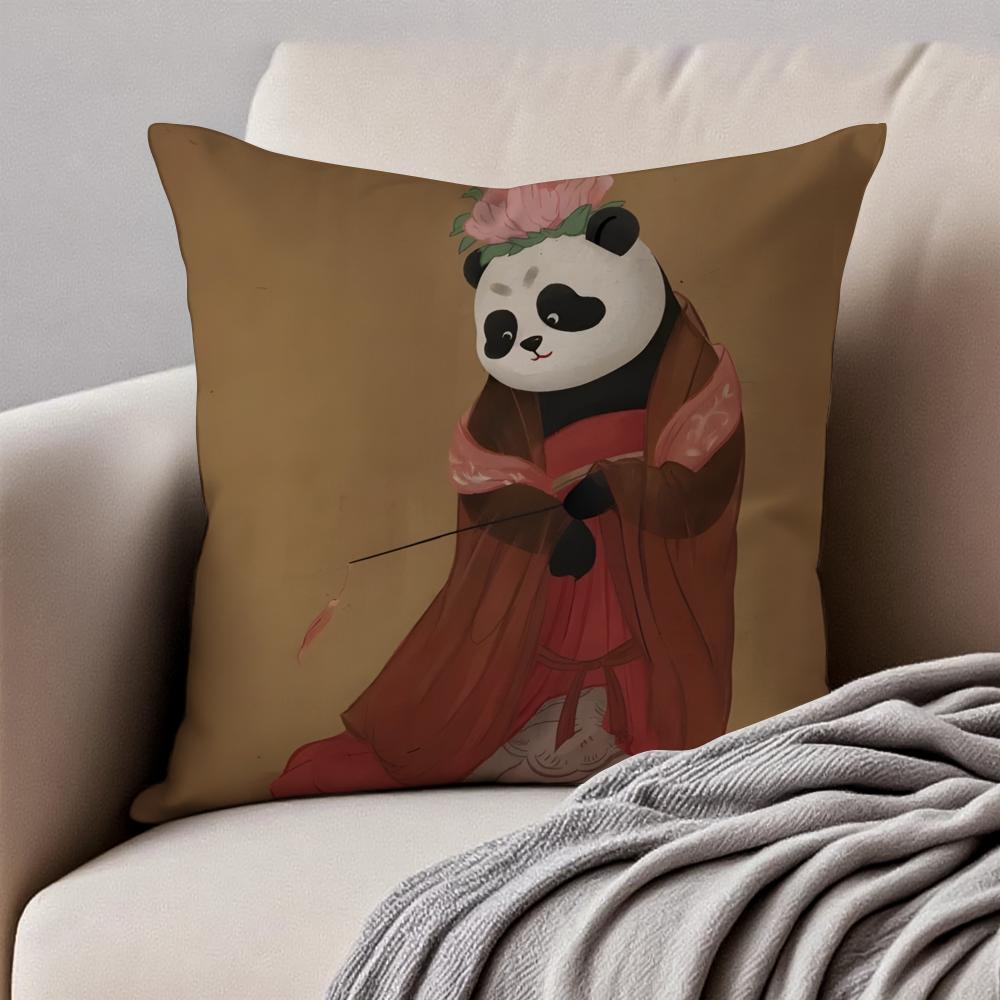 Retro Adorable Cute Panda Cartoon Art Cushion Cover Pillowcase Antidustmite Invisible Zipper Short Plush Sofa Cushion