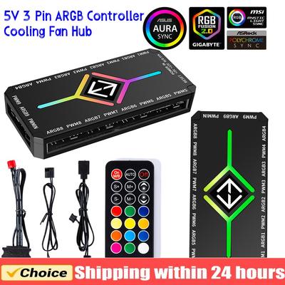 1 To 9 3 In 1 5V 3 Pin ARGB Controller Cooling Fan Hub SATA Power Supply 4 Pin PWM Magnetic Suction Hub for Computer PC Case Fan