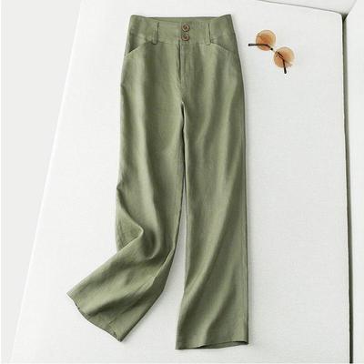 Women's Summer High-Waisted Drapey Linen Straight-Leg Pants - Slimming, Semi-Elastic, Wide-Leg, Casual, Long Cotton Linen Pants