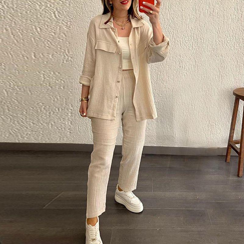2024 Plus Size Women's Casual Crepe Loose Lapel Long Sleeve Shirt Set - European & American Style