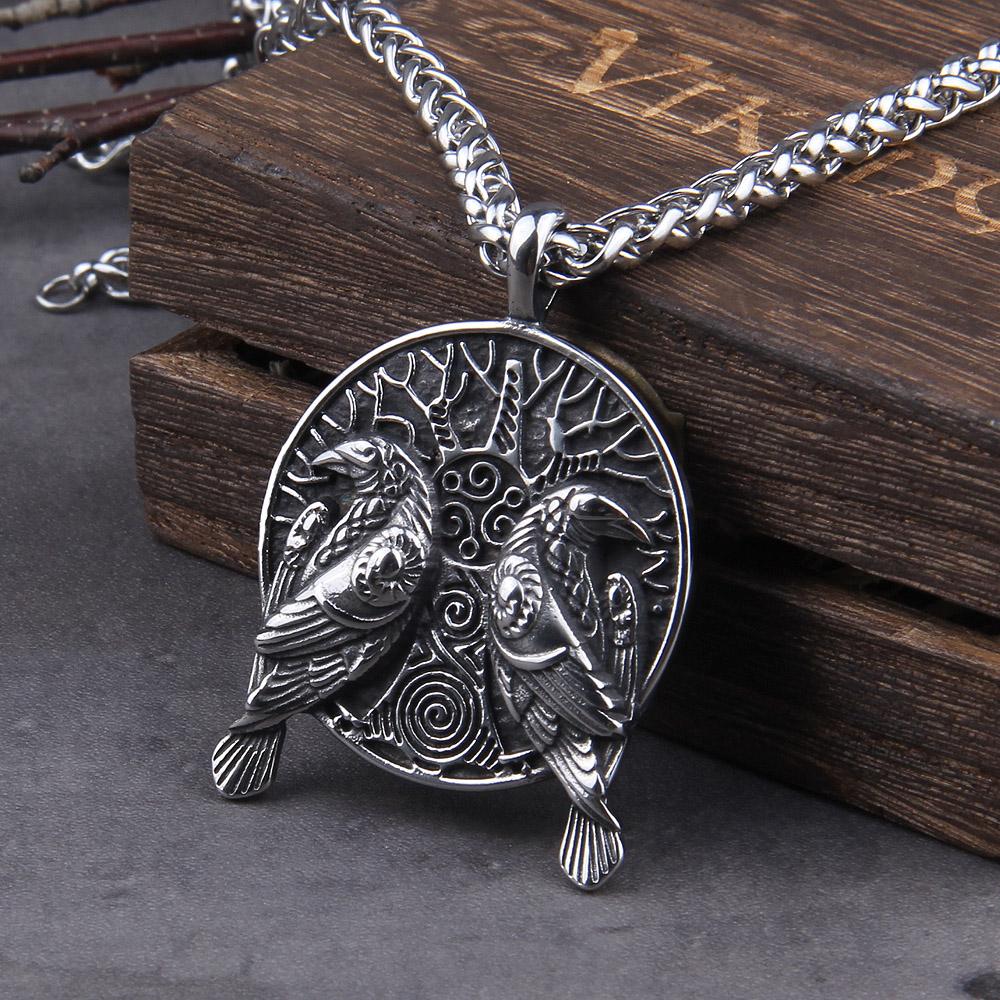 Black Norse Odin Huginn And Muninn Raven Pendant Necklace Stainless Steel Viking Amulet Jewelry