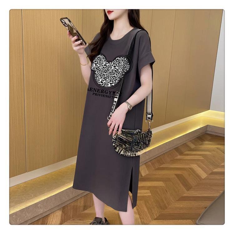 

Женское модное платье-футболка, летнее платье Fat Mm с коротким рукавом выше колена, длинное повседневное платье с разрезом 4XL темно-серого