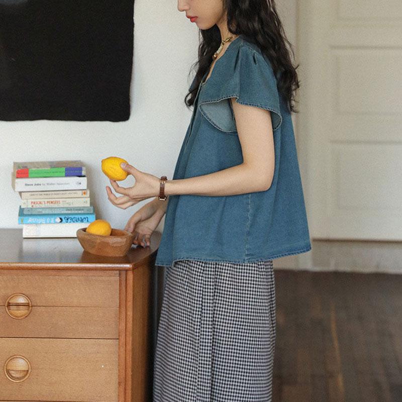 Fashion Folds Vintage Denim Blouse Summer Thin Short Sleeve Women's Clothing Loose Solid Color All-match Casual Round Neck Shirt