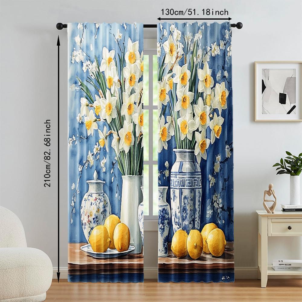 2 Pcs   Versatile Polyester Transparent Curtains for Home Decoration Lemon Still Life with Elegant Vases for Use In Bedrooms and