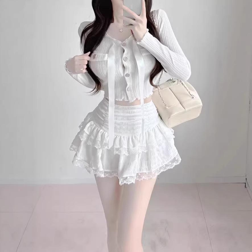 

2026 Французская юбка-балерина с высокой талией, кружевная, для милых девушек, с защитой от открывания XL белый