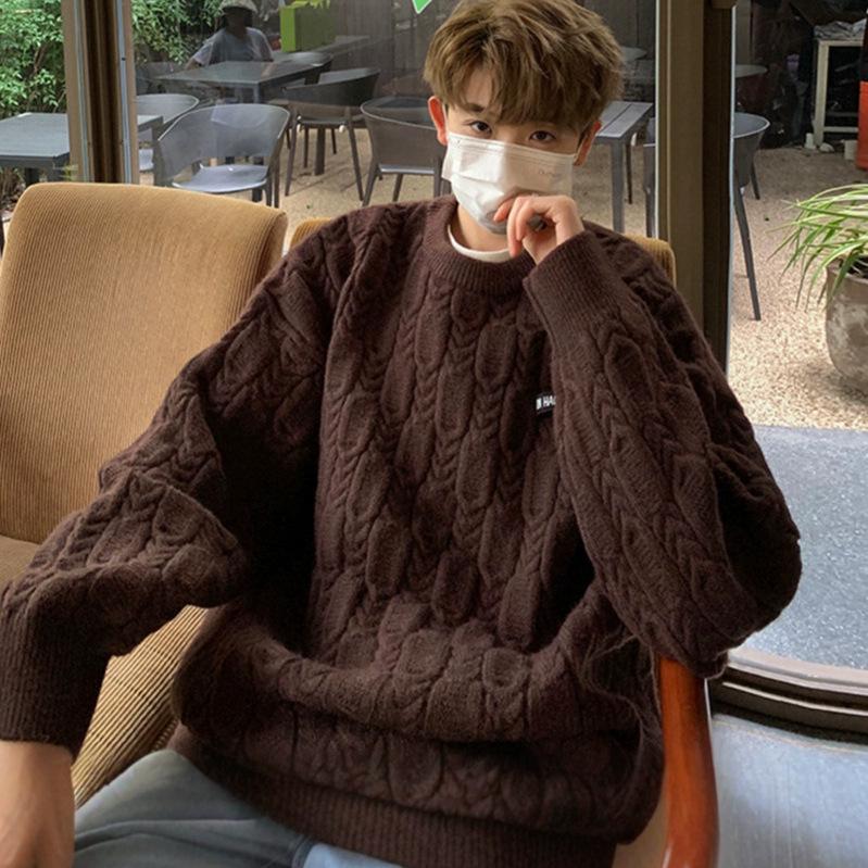 

Men s 2024 Japanese Minimalist Round Neck Retro Cable Knit Sweater - Winter Trendy Loose Fit L кофейный