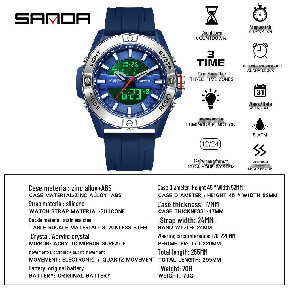 SANDA Multifunctional Outdoor Waterproof Watch with Three-Time Zone and Calendar Features for Students