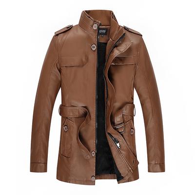 New Men's Leather Jacket Autumn and Winter Plus Velvet Mid-length Leather Jacket Slim Fit PU Washed Craft Fashion Foreign Trade Men's Clothing
