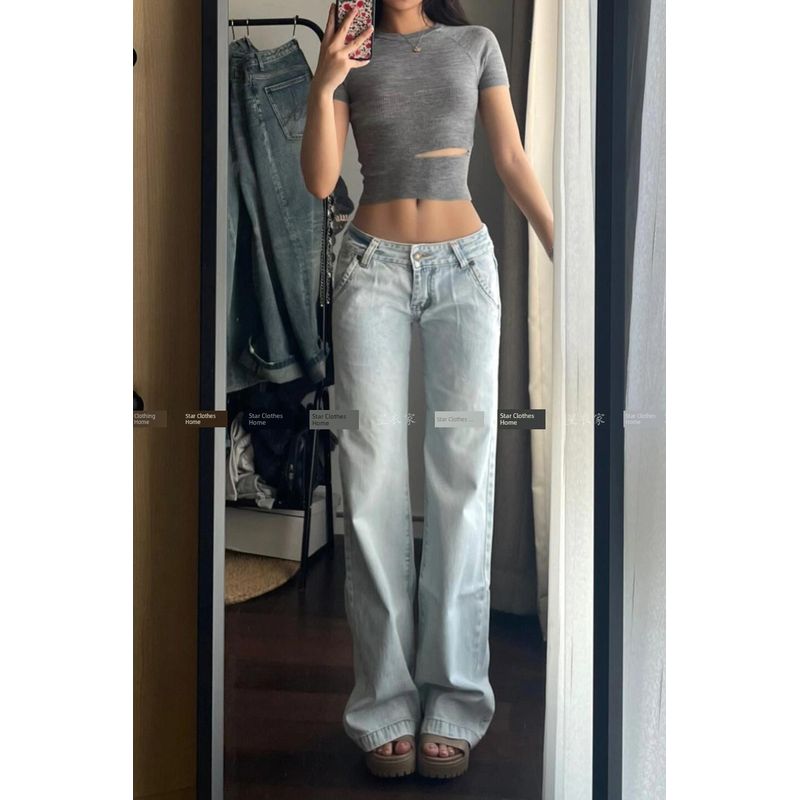 

American Retro Low Waist Light Color Loose Denim Women s Summer Sexy Ultra Low Waist Casual Straight Mopping Pants