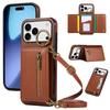 For iPhone 17 Pro Leather Back Cover Zipper Wallet Kickstand Phone Case with Shoulder Strap
