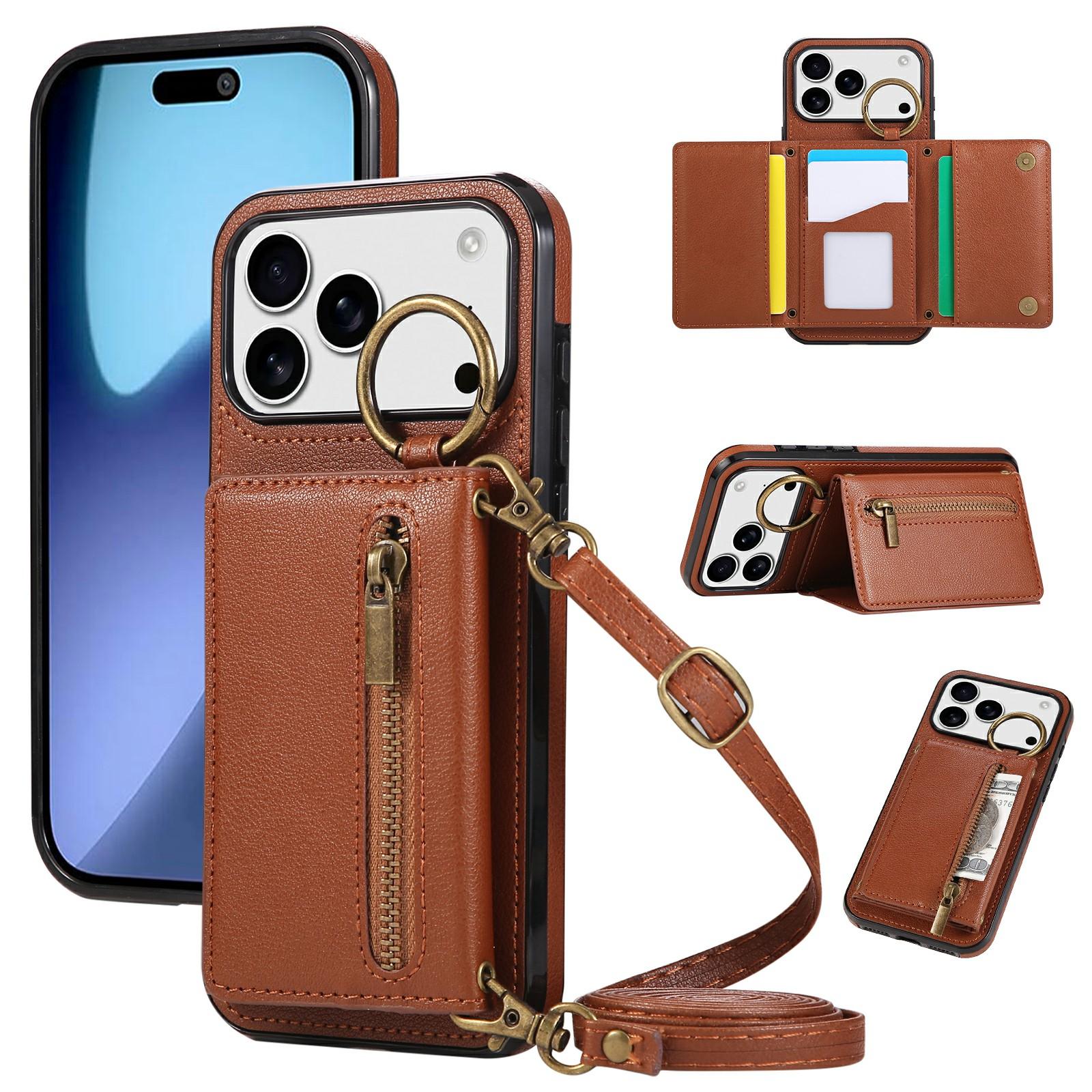 

For iPhone 17 Pro Leather Back Cover Zipper Wallet Kickstand Phone Case with Shoulder Strap Brown