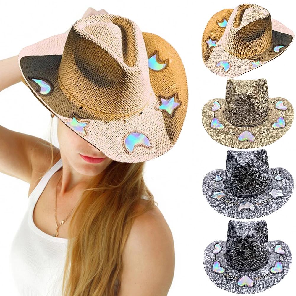 Suncatcher Cowgirl Straw Prism Hat Hand-Woven Wide Shapeable Brim Rainbow Prism Hat Sun Beach Western Cowboy hat for Women