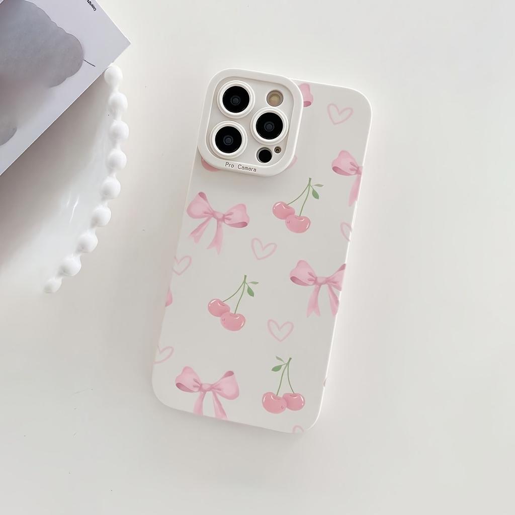 An Ivory White Phone Case with a Bow, Heart, and Cherry Design, Suitable for iPhone 17, 16, 15, Plus, Pro, Max Series Phones - Ideal for Gifting